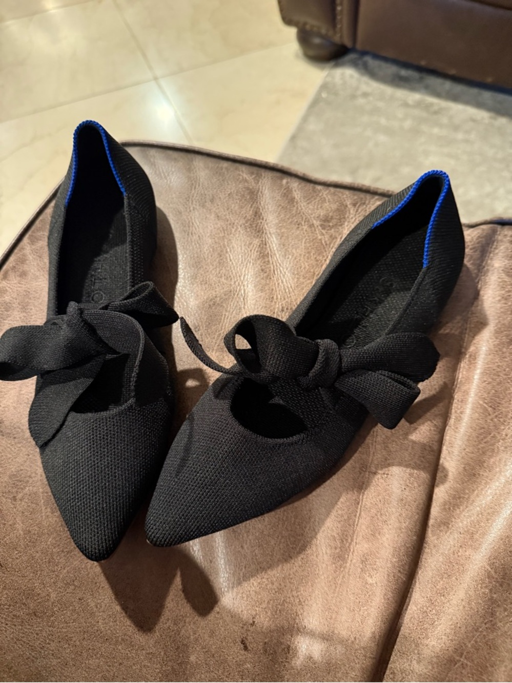 Rothy's Black Pointed Knit Flats with Bow Accent